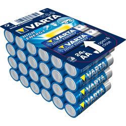 Varta 04906 single-use AA alkaline batteries in a blue and white packaging, featuring a stack of 24 batteries with a high energy label.