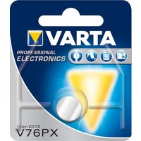 Varta SR44 silver-oxide battery in blue packaging with yellow logo and electronic icons.