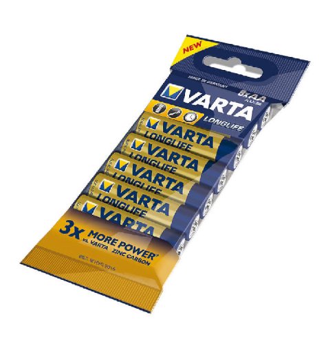 Eight Varta Longlife AA 1.5V alkaline batteries in a blue and yellow packaging, featuring the text "NEW" and "3x MORE POWER" prominently displayed.