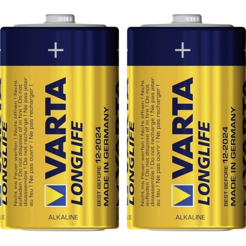 Two Varta 4120 D Alkaline batteries, featuring a blue and yellow design with the Varta logo, labeled "LONGLIFE," and a "Best Before" date of 12/2024.