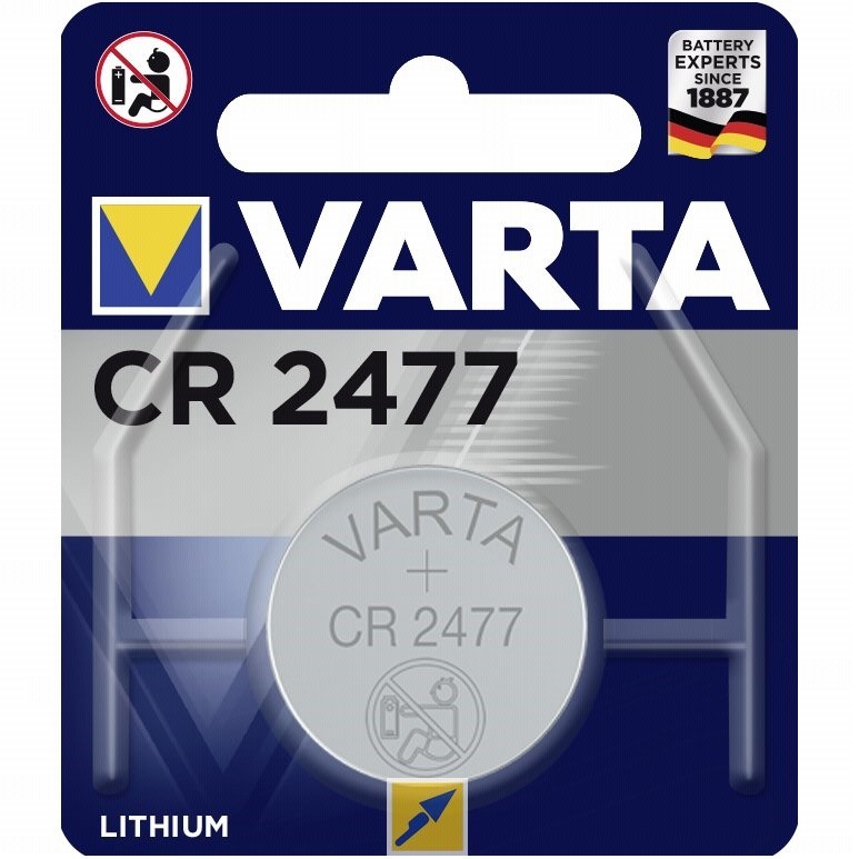 Varta CR2477 coin cell battery in a blue and white packaging, featuring a silver battery with "VARTA CR 2477" printed on it, highlighting its 3V and 850mAh specifications.