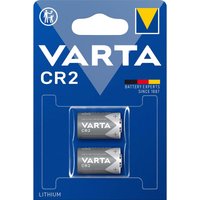 Varta CR2 3V lithium batteries in blue packaging, two silver batteries with branding, yellow and blue logo.