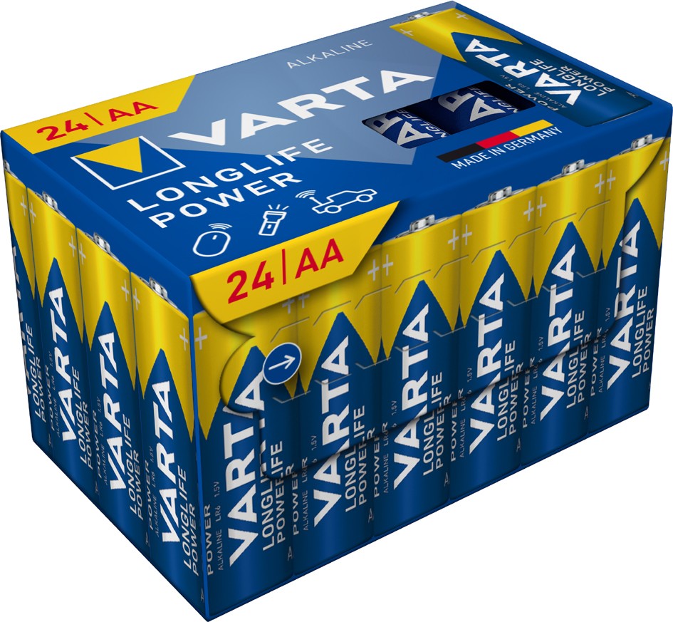 Varta Longlife Power AA alkaline battery pack featuring a blue and yellow design, containing 24 batteries, with clear labeling and a sturdy cardboard box.