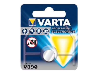Silver-oxide Varta V390 single-use battery packaged in a blue card with yellow logo, featuring icons for compatibility and safety warnings.