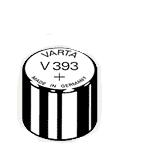 Varta V393 single-use battery with a cylindrical silver body, marked with "VARTA" and "MADE IN GERMANY" on the top, featuring a positive terminal.