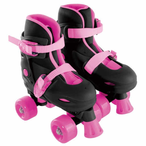 Pink and black Verax Quad Roller Skates, size 13-3, featuring adjustable straps, a sturdy design, and vibrant pink wheels for a stylish look.
