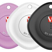 Black, purple, and white Verbatim GPS trackers with keyring holes and "MY FIND" text on the front.