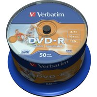 Verbatim 43533 blank DVD-R 50-pack spindle, 4.7 GB capacity, orange and blue label with logo and specifications.