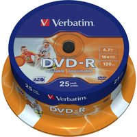 Verbatim 43538 DVD-R pack, 25 discs, 4.7 GB capacity, blue and orange packaging with white text and logo.