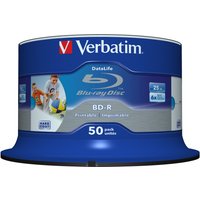 Verbatim 43812 BD-R Blu-Ray discs, 25GB, 50-pack spindle, blue packaging with logo and disc capacity details.