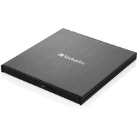 Black Verbatim Blu-Ray DVD Combo drive, slim rectangular design with brushed finish and Verbatim logo on top.