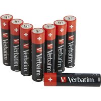 Verbatim 49502 AAA single-use batteries, black with red top and white text, arranged upright and one lying down.