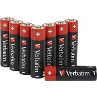 Black and red Verbatim AA single-use batteries with white text and plus symbols on top.