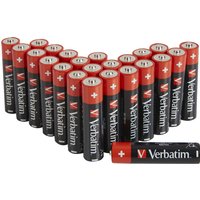 Verbatim AAA alkaline batteries, red and black with white text, arranged in a V shape.