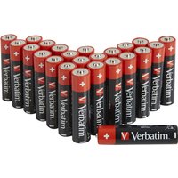 Red and black Verbatim AA single-use batteries, arranged in a triangular formation, with visible brand logo.