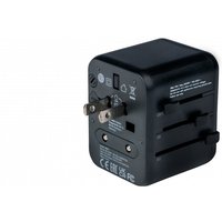 Black Verbatim universal power plug adapter with multiple prongs and safety certifications on the side.