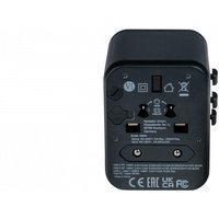 Universal black Verbatim power plug adapter with multiple socket types and safety certifications on the back panel.