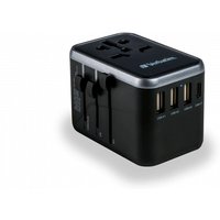 Black Verbatim 49546 mobile charger with four USB ports, universal plug adapters, and silver accents.