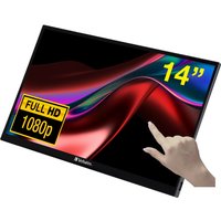 Verbatim 14" monitor, 1920x1080, black frame, vibrant red and black display, touch interaction.