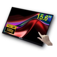 Verbatim 15.6" monitor, 1920x1080, black frame, vibrant red and black display, hand pointing at screen.