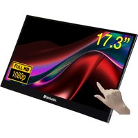 Verbatim 17.3" monitor, 1920x1080, black frame, vibrant display with red and purple waves, touch interaction.