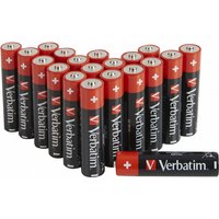 Verbatim 49876 AAA batteries, black with red tops, white text and plus symbols, arranged in rows.