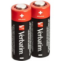 Red and black Verbatim MN21 alkaline batteries with white text and plus symbols on top.