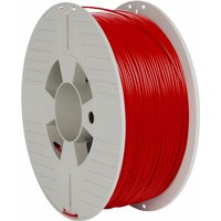 Red Verbatim ABS 3D printing filament spool, 1 kg, with white circular reel and visible winding.