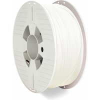 White Verbatim 55050 PETG 3D printing filament on a large spool with a central hole and side grooves.