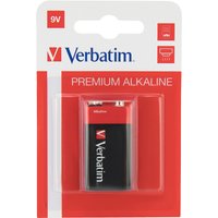 Verbatim 9V alkaline battery in red and black packaging with bold branding and premium label.
