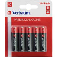 Red and black Verbatim AA alkaline batteries in a 10-pack with premium branding and 1.5V label.