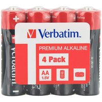 Red and black Verbatim AA alkaline batteries in a four-pack with white label and red text.