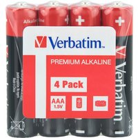 Red and black Verbatim AAA 4-pack single-use alkaline batteries in clear wrap with brand logo and icons.