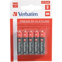 Verbatim AAA alkaline batteries, 10-pack, red and black with white text, in clear plastic packaging.