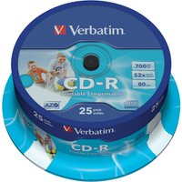 Verbatim CD-R AZO 25-pack, 700 MB, blue packaging, wide inkjet printable surface, 52x speed, stack of discs.