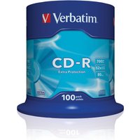 Verbatim CD-R spindle, blue packaging, 700 MB, 52x speed, 100 discs, extra protection label.