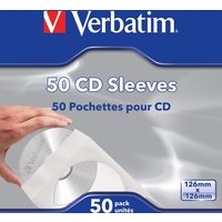Verbatim CD Sleeves 50pk with white paper sleeves and clear plastic windows, packaging shows hand inserting a CD.