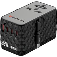 "Black Verbatim Charge 'n' Travel Diamond 85W adapter with retractable cable, GaN III tech, and multiple USB ports"