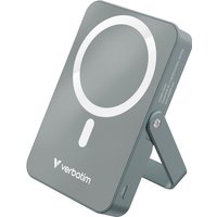 Verbatim grey magnetic wireless power bank with stand, 10000 mAh, circular charging pad design.