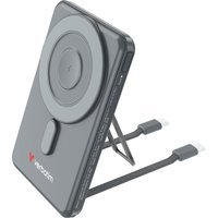 Grey Verbatim Charge'n'Go 2C Power Bank 5000 mAh with circular charging pad and built-in stand.