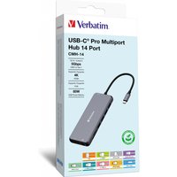 Gray Verbatim USB-C Pro 14-Port Multiport Hub with attached cable, packaged in a white and blue box.