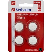 Verbatim CR2016 lithium battery pack, red and white packaging with four round silver batteries visible.