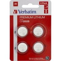 Verbatim CR2025 lithium battery pack, red packaging with four round silver batteries visible, labeled 3V.