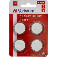Verbatim CR2450 lithium battery, silver coin shape, in red and white packaging, labeled "Premium Lithium."