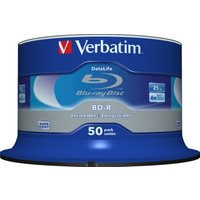 Verbatim Datalife 6x BD-R 25 GB discs, 50-pack spindle, blue and silver label with red Verbatim logo.