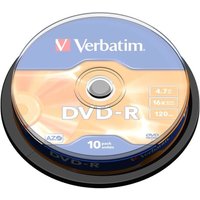 Verbatim DVD-R Matt Silver 4.7 GB, 10-pack spindle, orange and blue label with white text.
