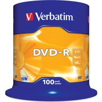 Verbatim DVD-R Matt Silver 4.7 GB, 100-pack spindle with blue and orange packaging.