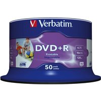 Verbatim DVD+R 50-pack spindle, wide inkjet printable surface, purple and blue packaging with red Verbatim logo.