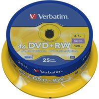 Verbatim DVD+RW Matt Silver 4.7 GB, 25-pack spindle, blue and yellow label with storage capacity details.