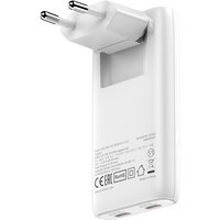 White Verbatim Fold 'n' Go GaN Charger 65W with EU plug, compact design, foldable prongs, and multiple charging ports.